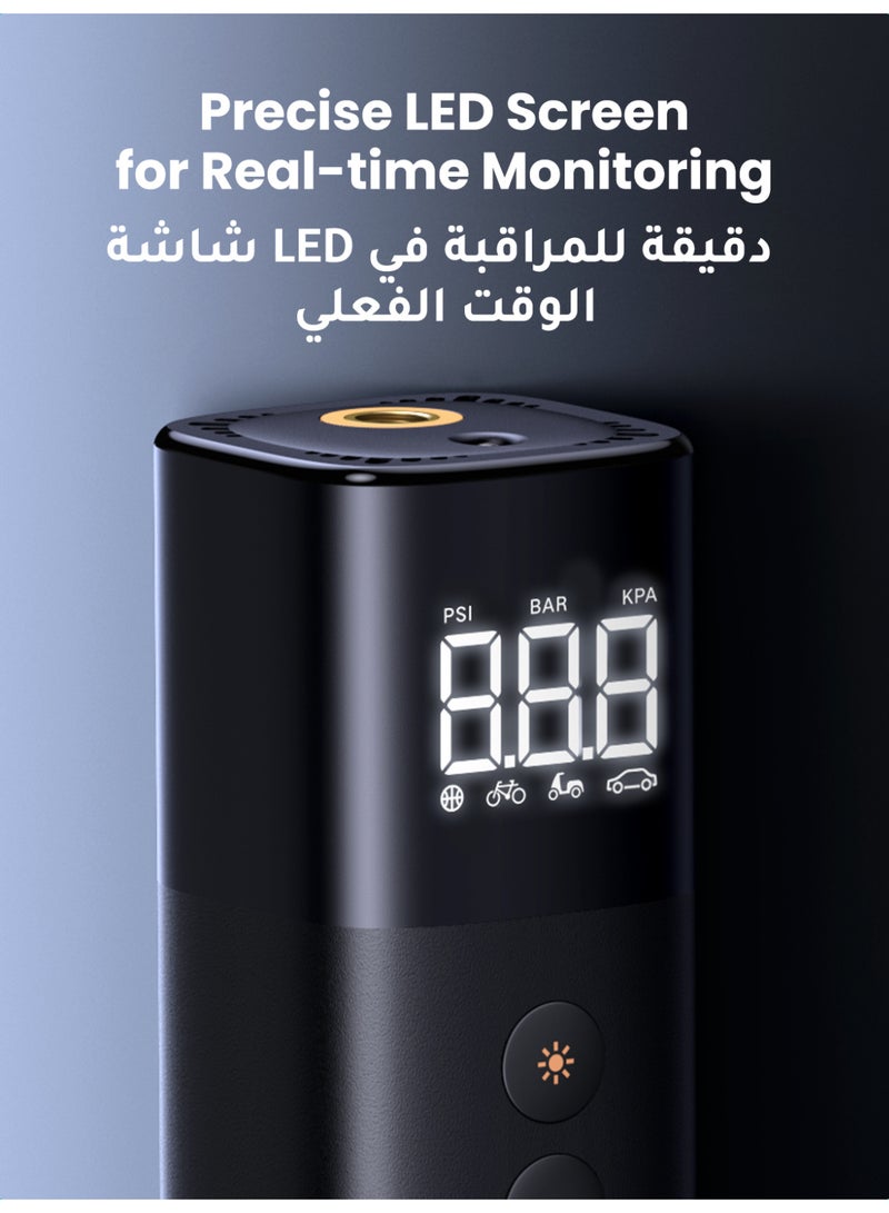 يو جرين منفاخ إطارات كهربائي (0.2–10.3 بار / 3–150 PSI)، مضخة هواء محمولة، مضخة إطارات صغيرة بشاشة LED رقمية، مع ضوء LED للدراجات الهوائية والنارية والسيارات - Image 4